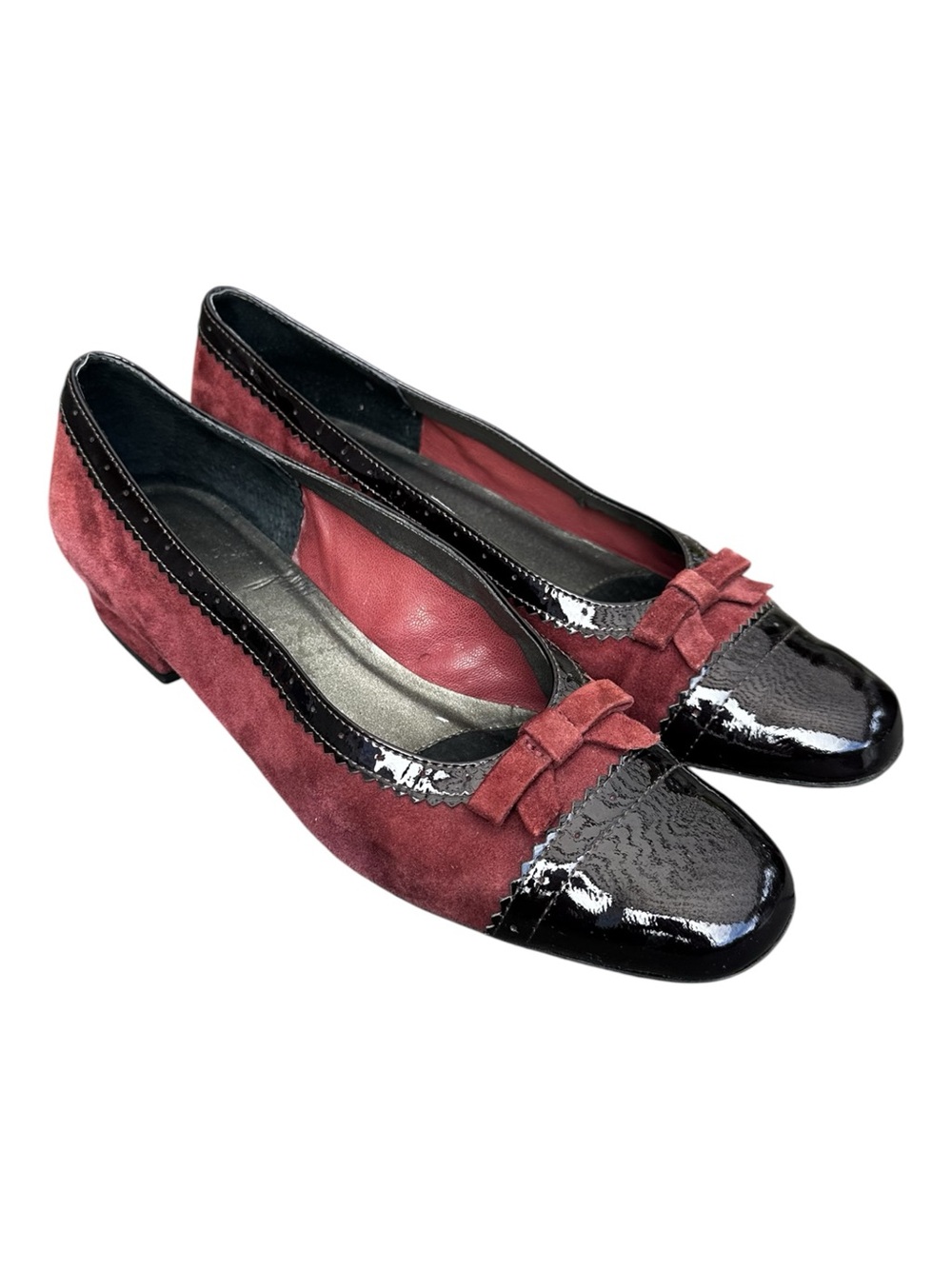 VANELI Burgundy Suede Black Patent Bow Low Heel Pumps 9.5M